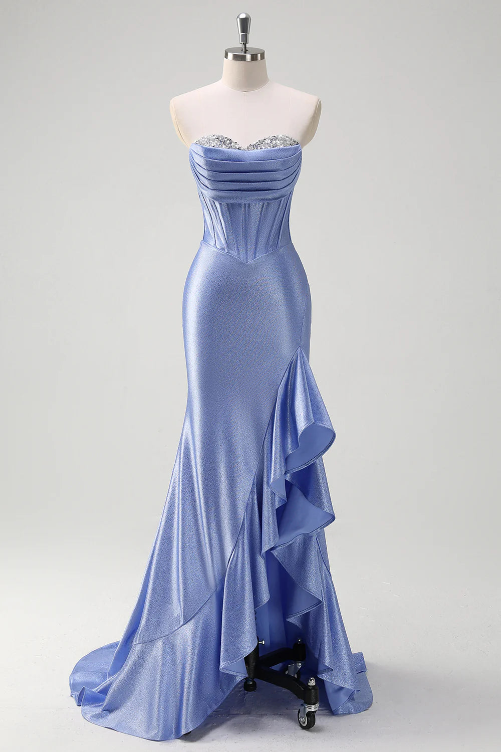 Light Blue Strapless Crystal Corset Mermaid with Lace-Up Back Evening Dress