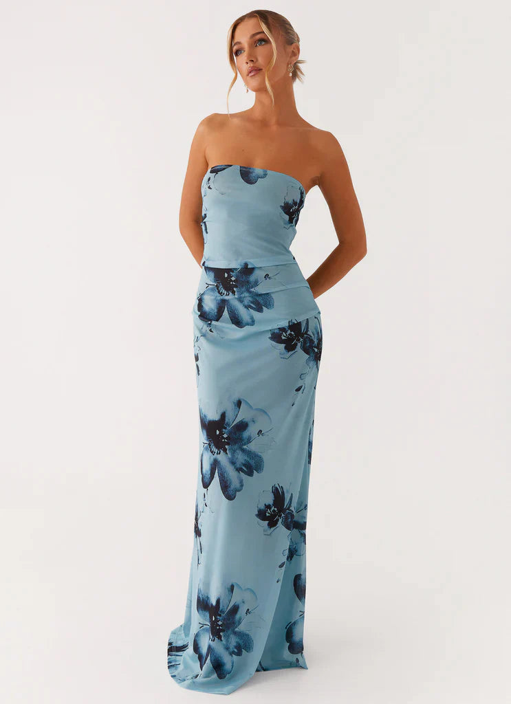 Light Blue Strapless Floral Print Ruched Maxi Prom Dress For Elegant Formal Evening Events