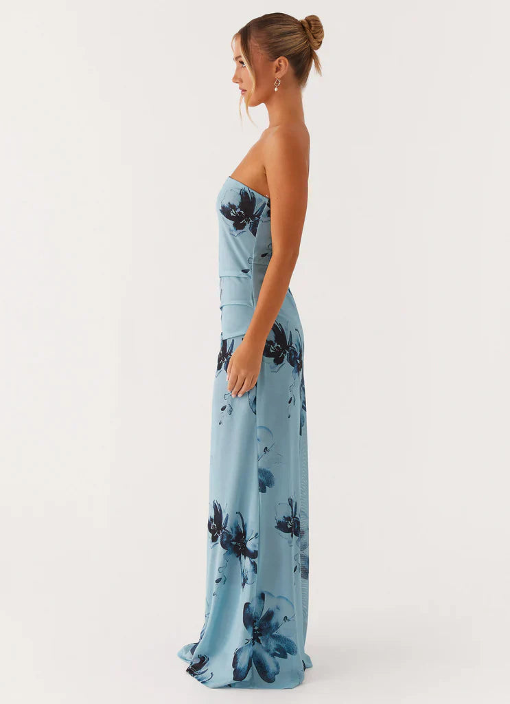 Light Blue Strapless Floral Print Ruched Maxi Prom Dress For Elegant Formal Evening Events