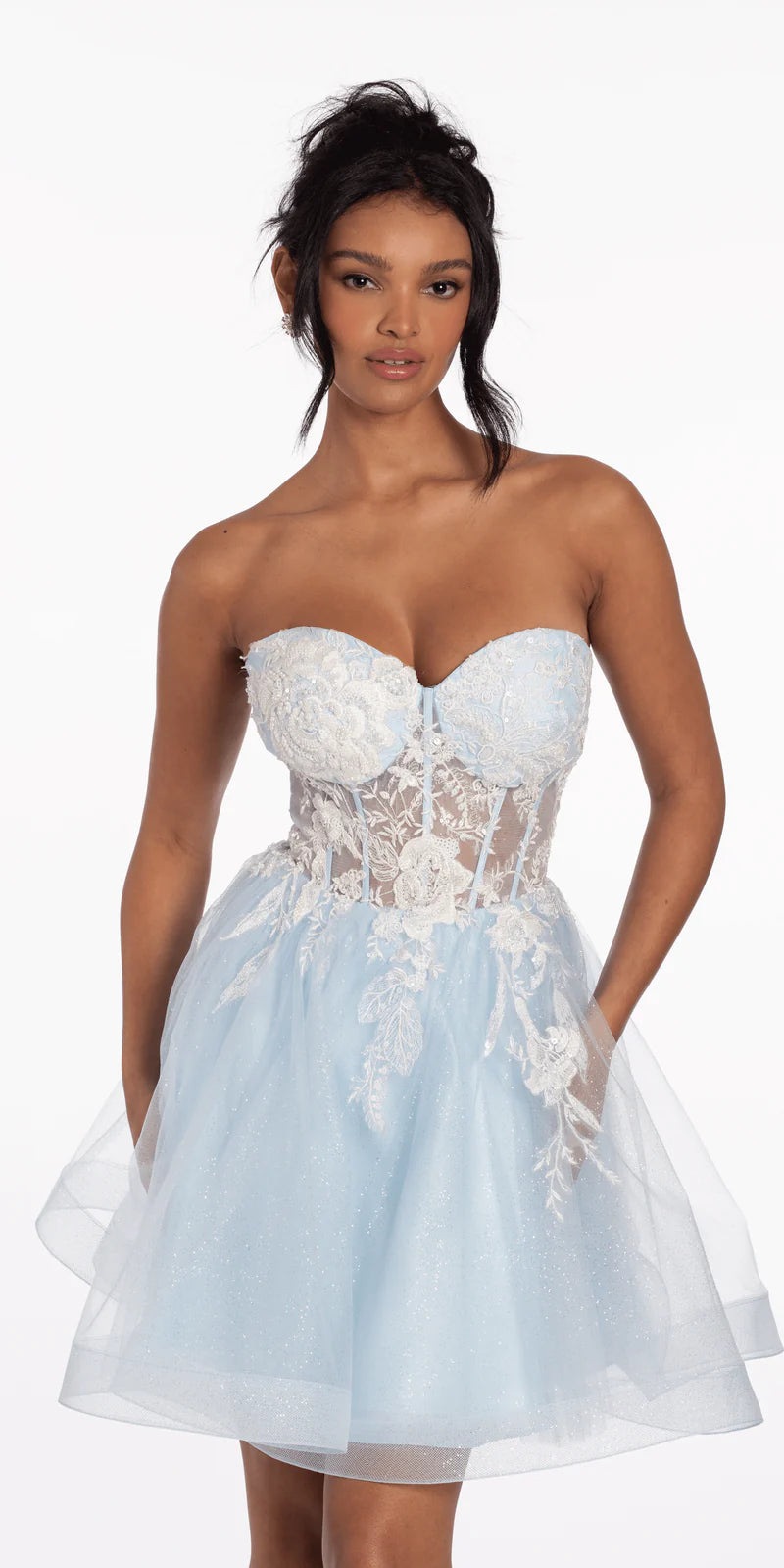 Light Blue Strapless Lace-Appliquéd Corset Homecoming Dresses