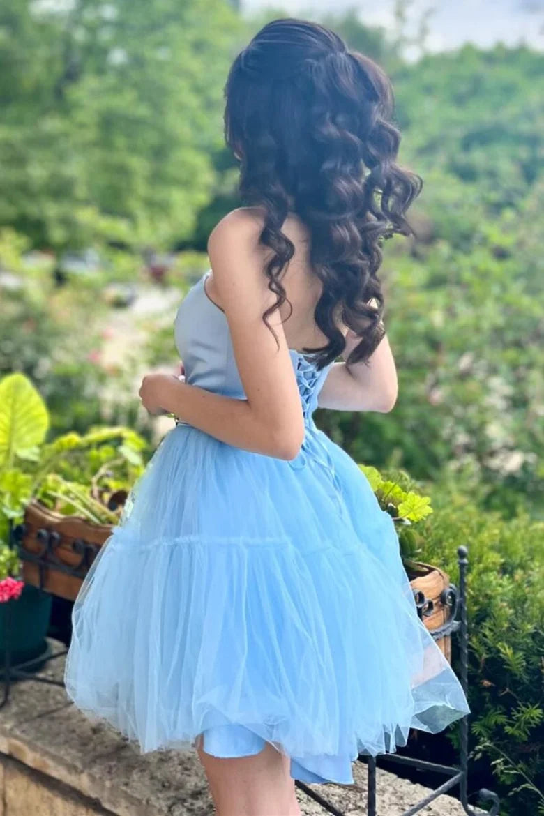 Light Blue Strapless Lace-Up A-Line Homecoming Dress