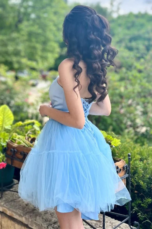 Light Blue Strapless Lace-Up A-Line Homecoming Dress