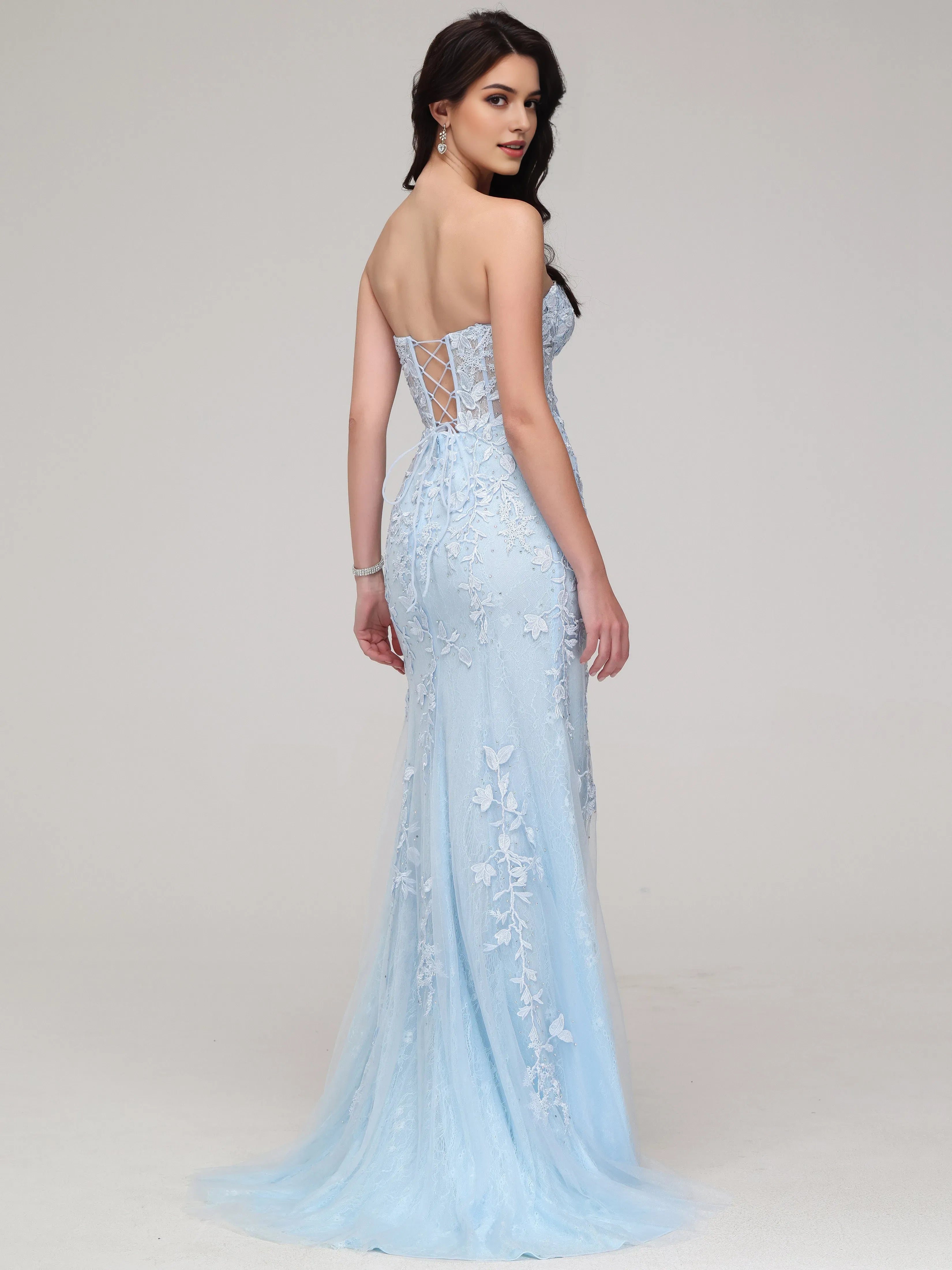 Light Blue Strapless Mermaid Sweetheart Lace Appliques Prom Dress with Slit  with Floral  Sheer Corset Detailing and High Side Slit