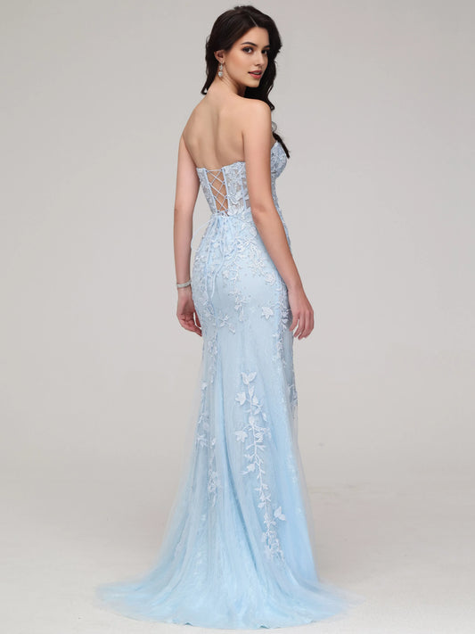 Light Blue Strapless Mermaid Sweetheart Lace Appliques Prom Dress with Slit  with Floral  Sheer Corset Detailing and High Side Slit