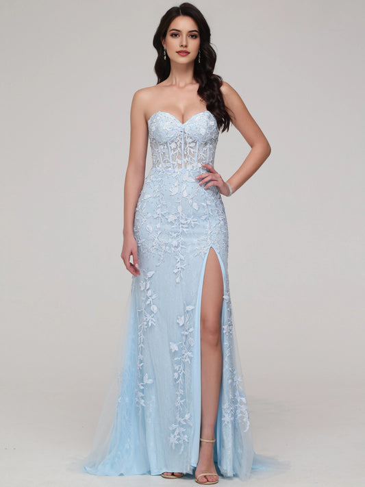 Light Blue Strapless Mermaid Sweetheart Lace Appliques Prom Dress with Slit  with Floral  Sheer Corset Detailing and High Side Slit