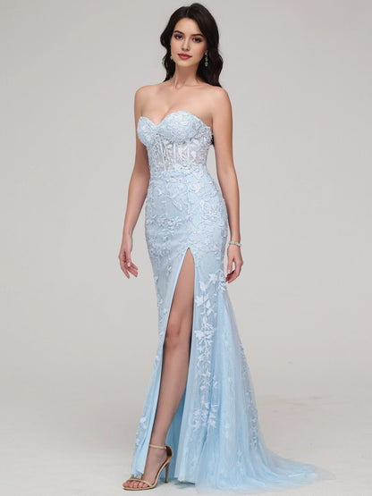 Light Blue Strapless Mermaid Sweetheart Lace Appliques Prom Dress with Slit  with Floral  Sheer Corset Detailing and High Side Slit