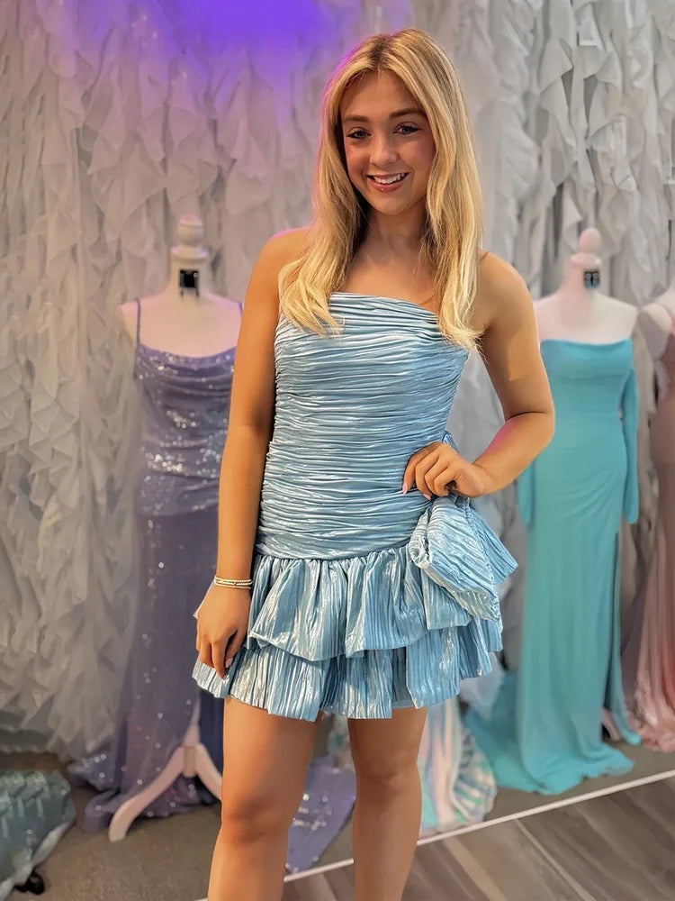 Light Blue Strapless Pleated Ruffle Homecoming Dresses