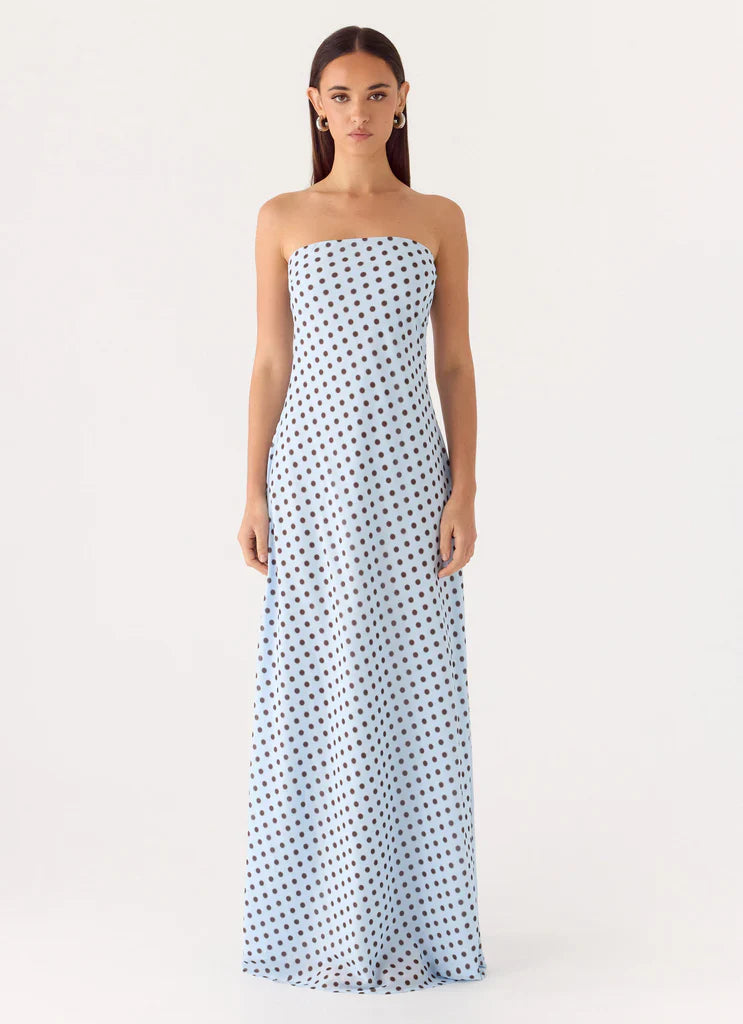 Light Blue Strapless Polka Dot Maxi Prom Dress For Elegant Formal Evening Events