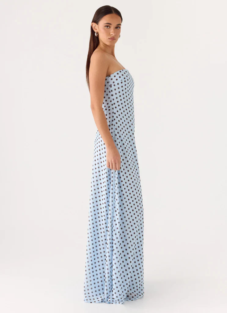 Light Blue Strapless Polka Dot Maxi Prom Dress For Elegant Formal Evening Events