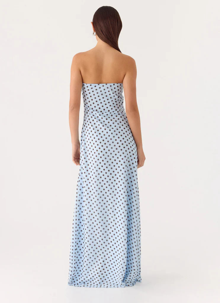 Light Blue Strapless Polka Dot Maxi Prom Dress For Elegant Formal Evening Events