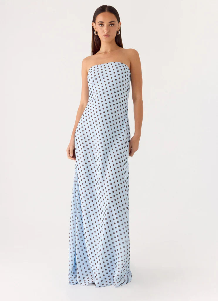Light Blue Strapless Polka Dot Maxi Prom Dress For Elegant Formal Evening Events