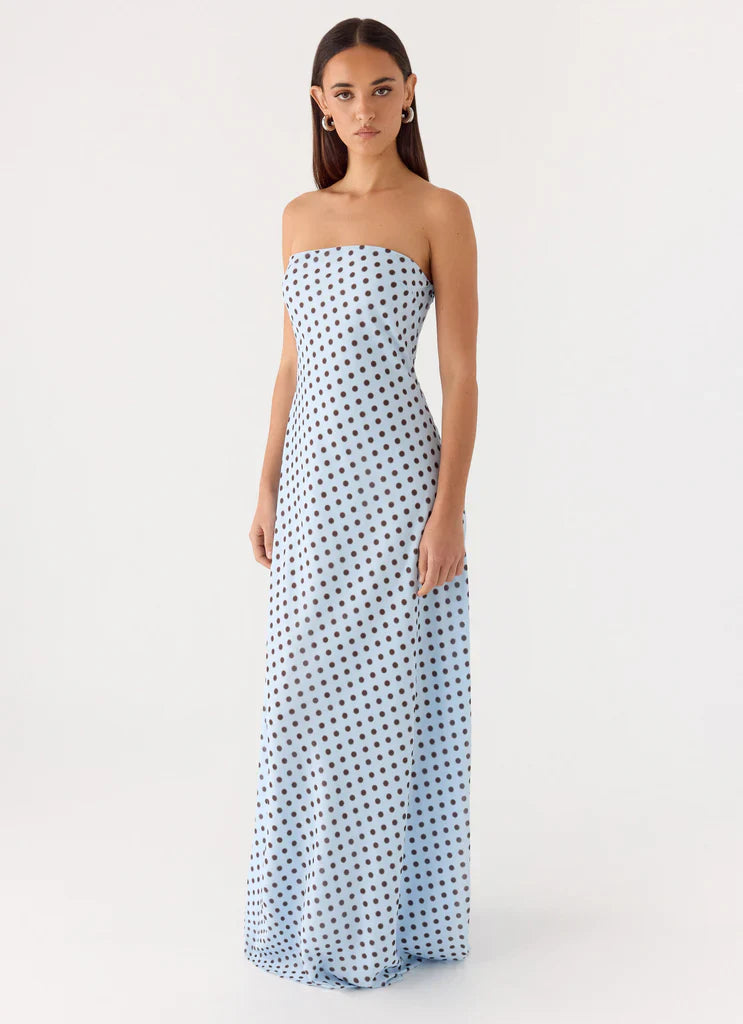 Light Blue Strapless Polka Dot Maxi Prom Dress For Elegant Formal Evening Events