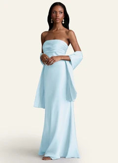 Light Blue Strapless Ruched Satin Mermaid Evening Dresses with Shawl