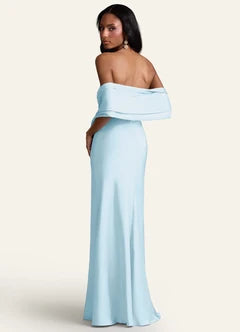 Light Blue Strapless Ruched Satin Mermaid Evening Dresses with Shawl