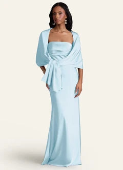 Light Blue Strapless Ruched Satin Mermaid Evening Dresses with Shawl