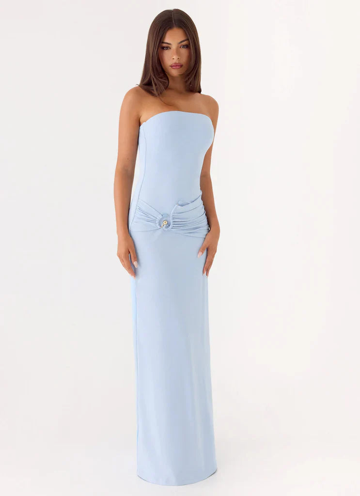 Light Blue Strapless Ruched Waist Button Detail Maxi Prom Dress