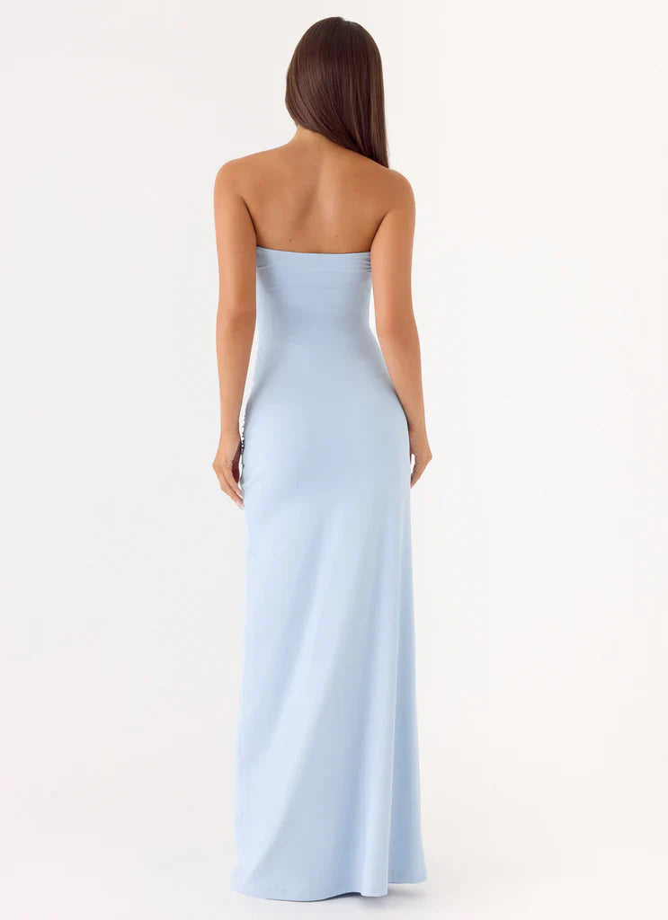 Light Blue Strapless Ruched Waist Button Detail Maxi Prom Dress