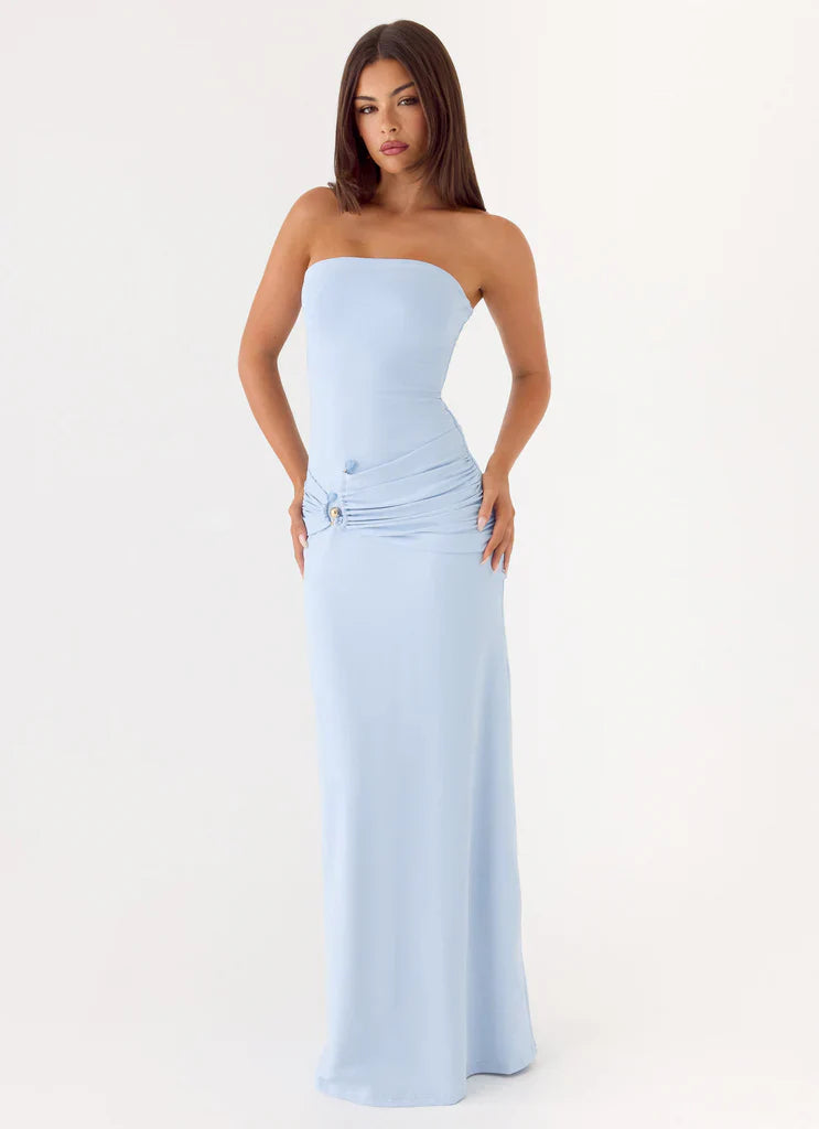 Light Blue Strapless Ruched Waist Button Detail Maxi Prom Dress