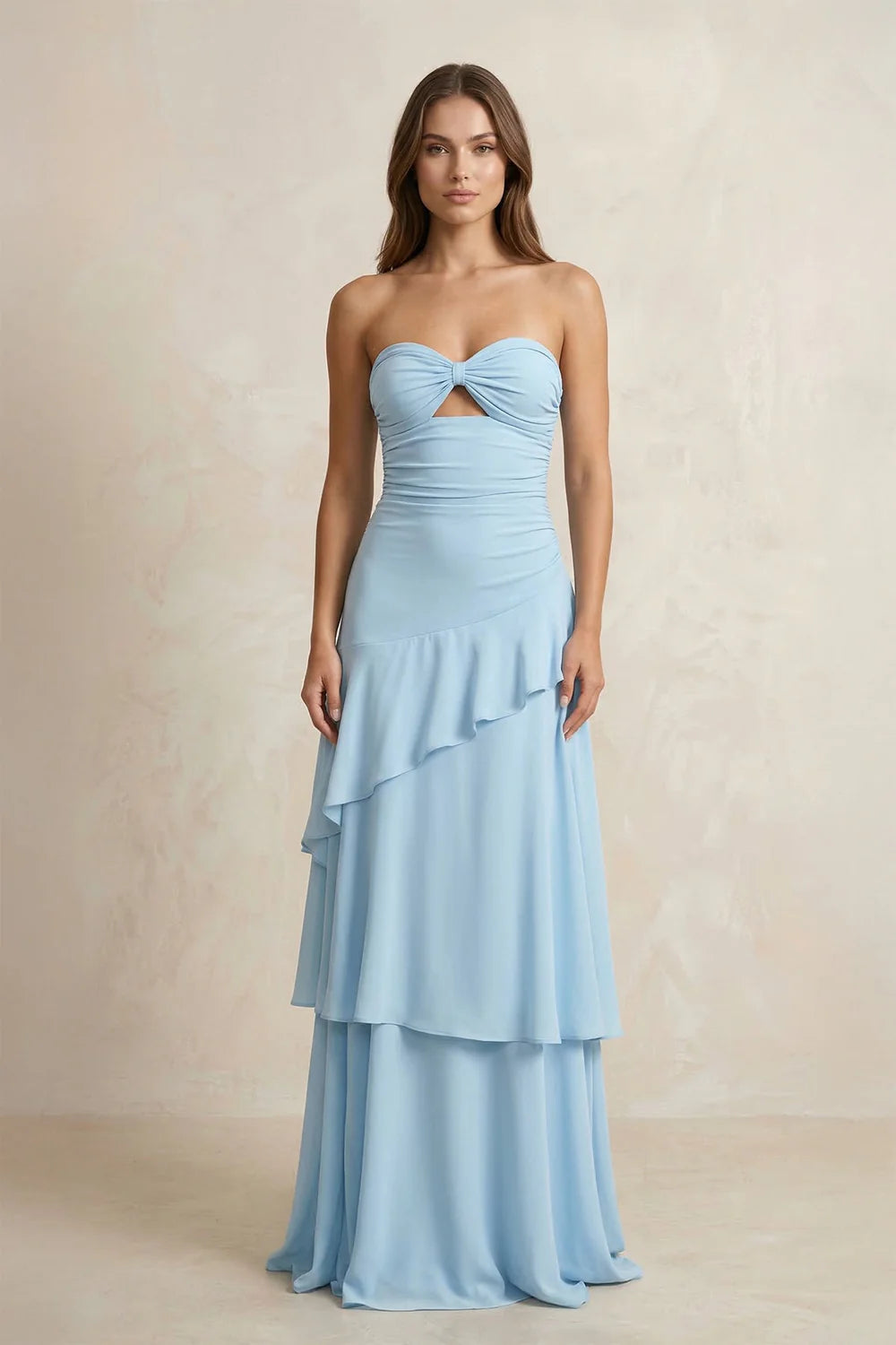 Light Blue Strapless Tiered Ruffle Evening Dresses