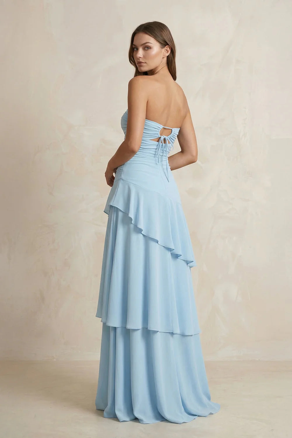 Light Blue Strapless Tiered Ruffle Evening Dresses