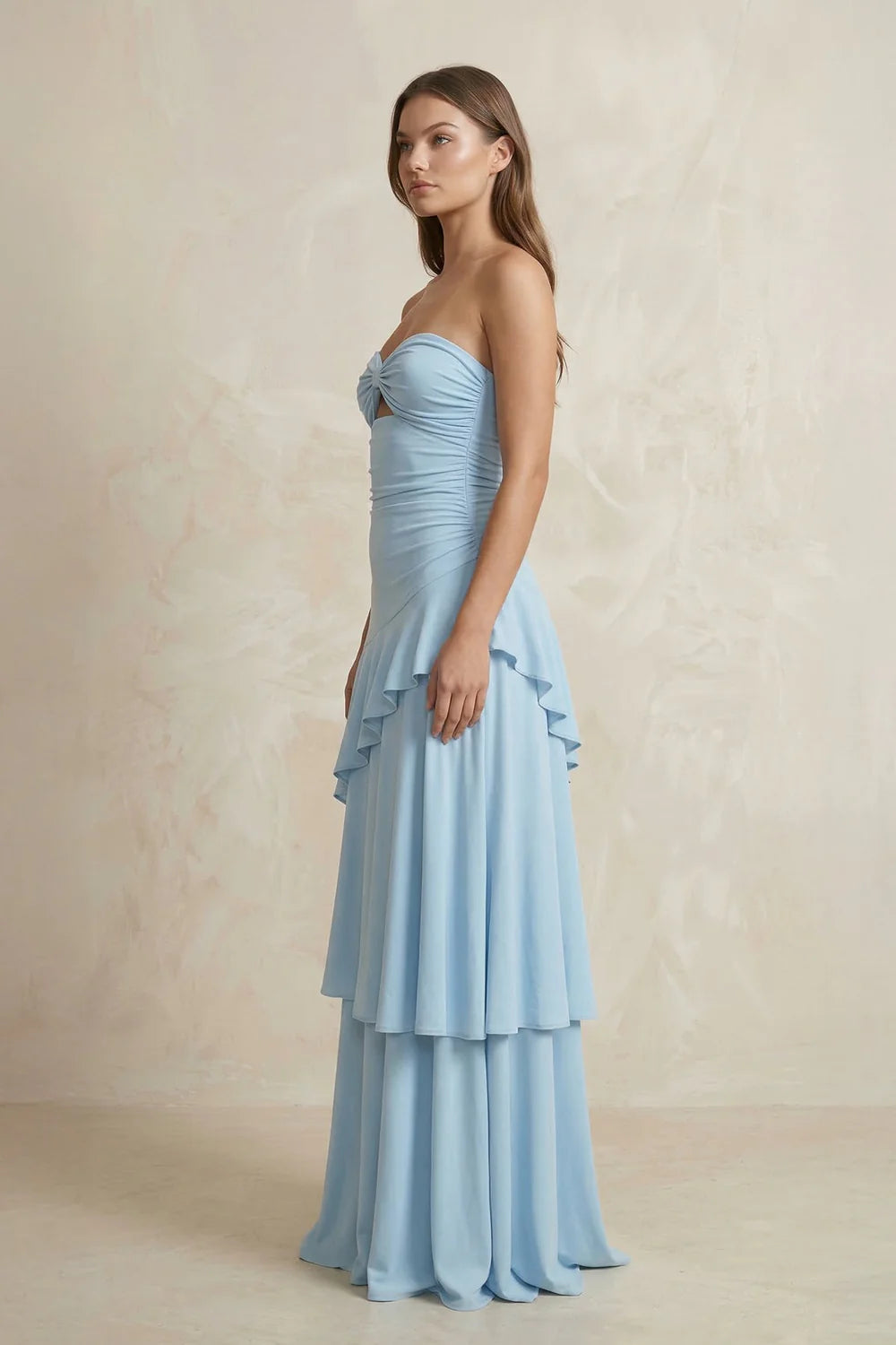 Light Blue Strapless Tiered Ruffle Evening Dresses