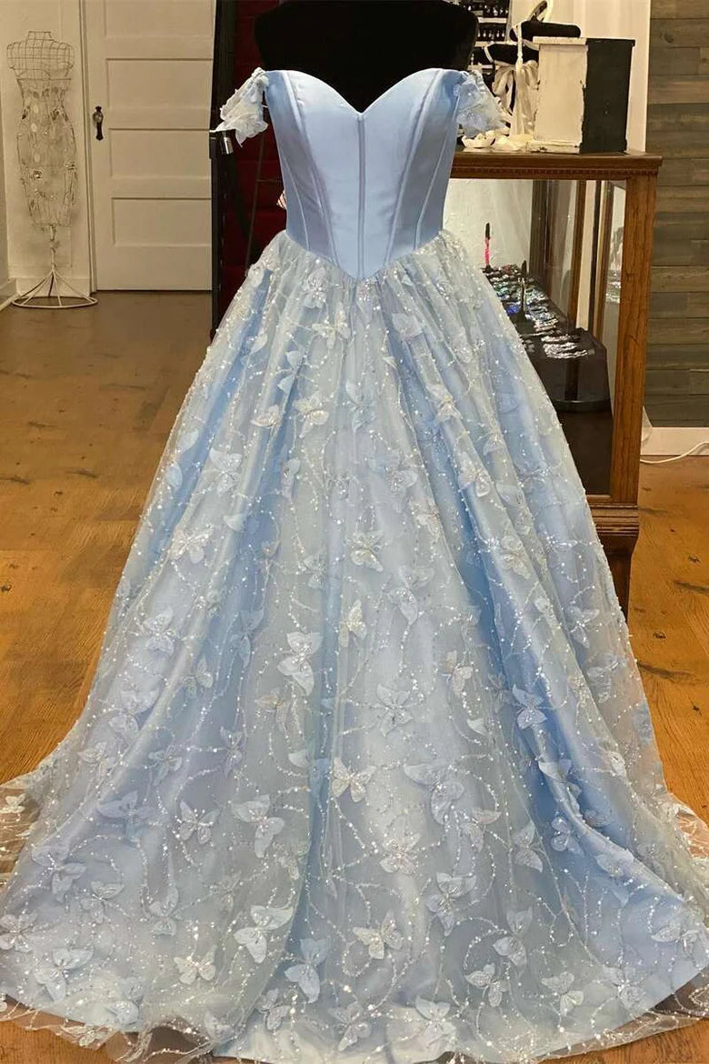 Light Blue Sweetheart Off-the-Shoulder A-line Prom Dress