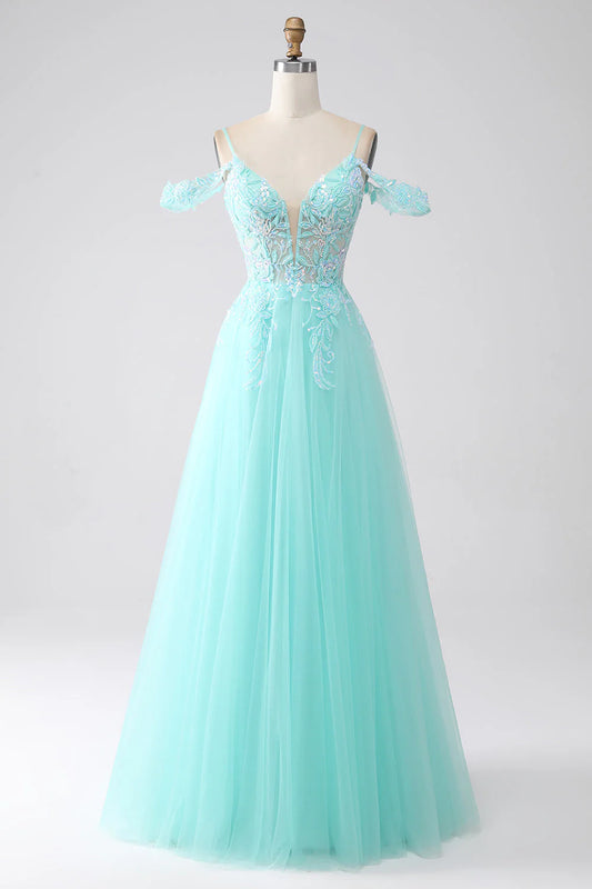 Light Green A-Line Spaghetti Straps Cold Shoulder Sequins Prom Dress