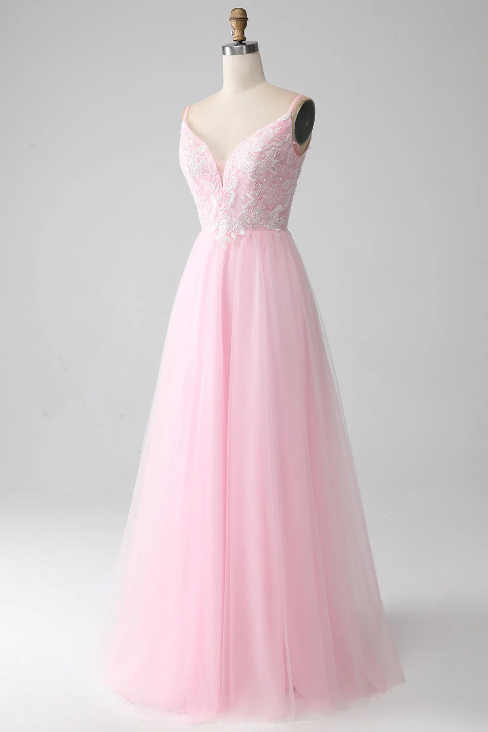 Light Pink A-Line Spaghetti Straps Sequins Prom Dress with Beading