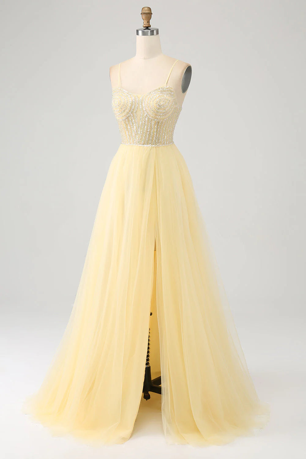 Light Yellow A-Line Spaghetti Straps Beaded Tulle Prom Dress with Slit