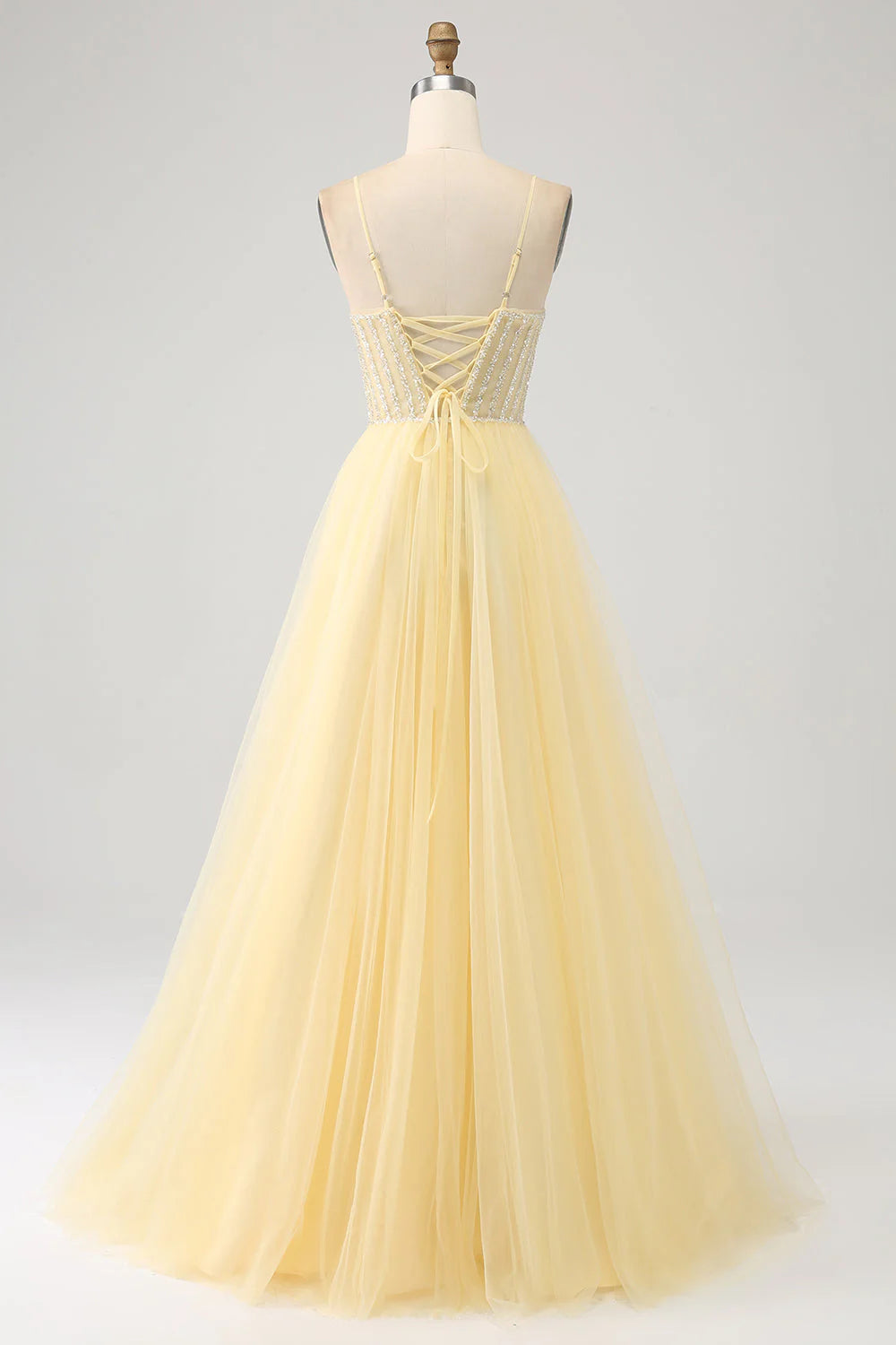 Light Yellow A-Line Spaghetti Straps Beaded Tulle Prom Dress with Slit