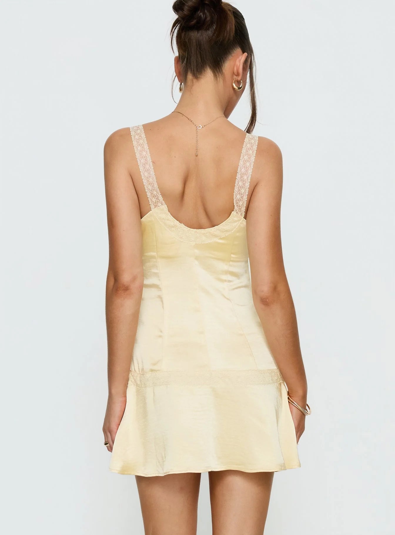 Light Yellow Satin Lace Trim Homecoming Dresses
