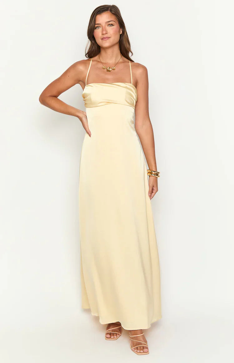 Light Yellow Satin Spaghetti Strap Cross-Back Open Back Evening Dresses