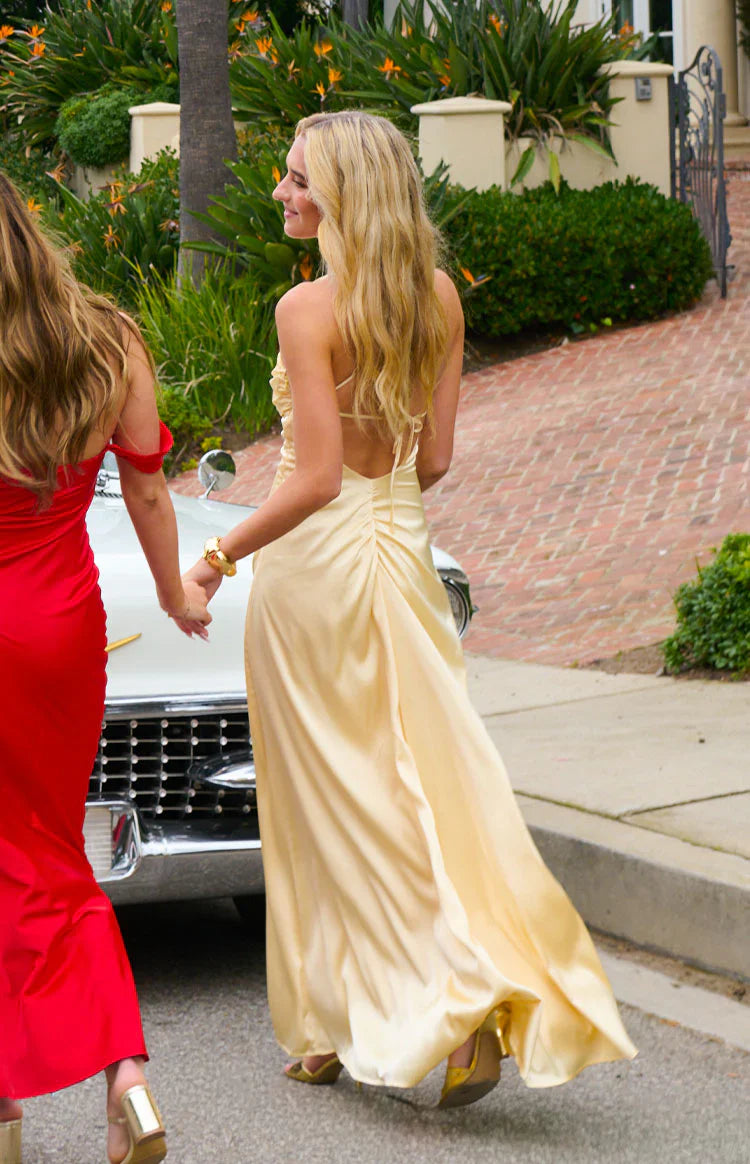 Light Yellow Satin Spaghetti Strap Cross-Back Open Back Evening Dresses