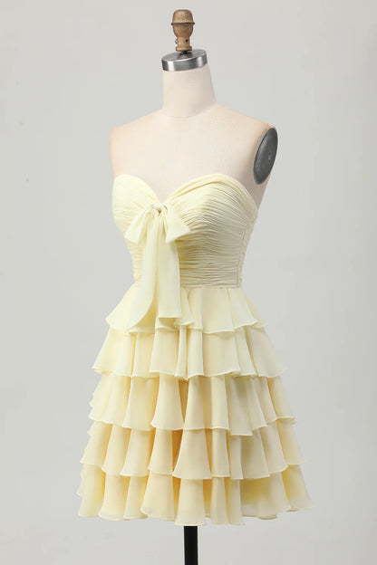 Light Yellow Tiered Strapless Ruched A Line Short Homecoming Dress