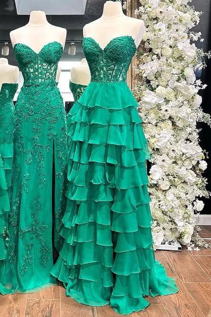 Light Blue A-Line Sweetheart Long Lace And Chiffon Prom Dress With Slit