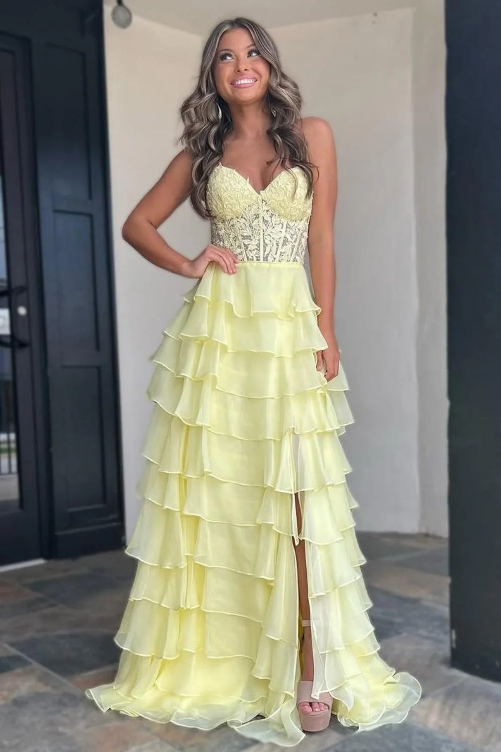 Light Blue A-Line Sweetheart Long Lace And Chiffon Prom Dress With Slit