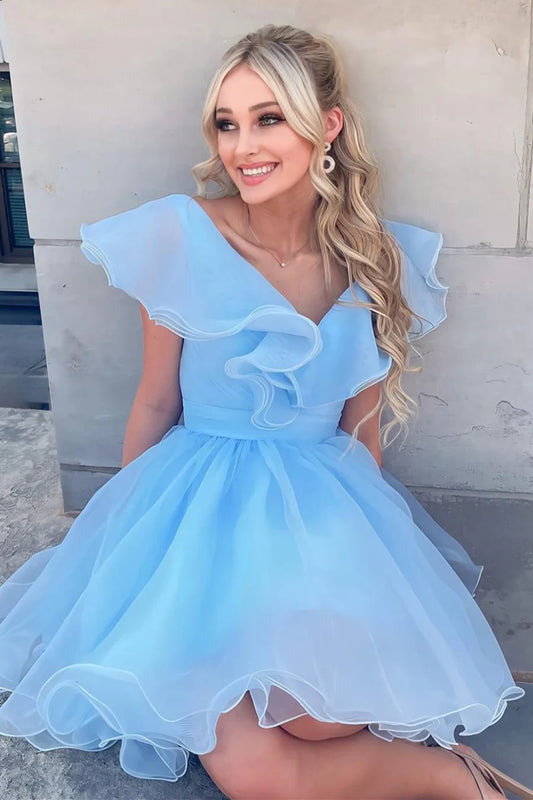 Light Blue Organza Ruffles A-Line Short Party Dress