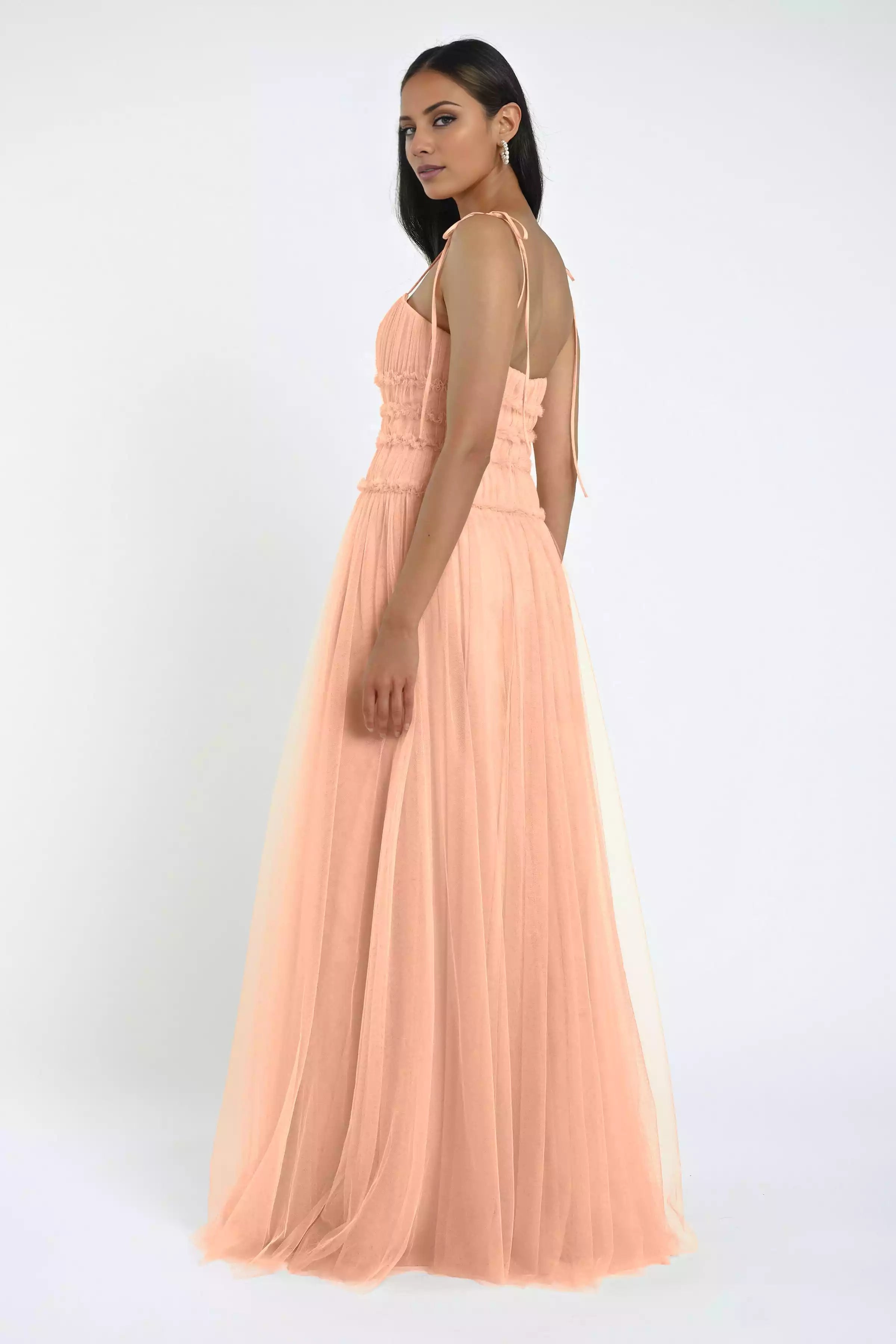 Lightweight chiffon thin shoulder straps with ruffled edges, straight neckline, back middle zipper, Bridesmaid Dresses