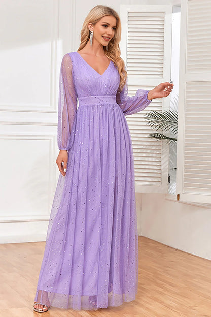 Lilac A-Line Long Sleeves Long Formal Dress with Slit
