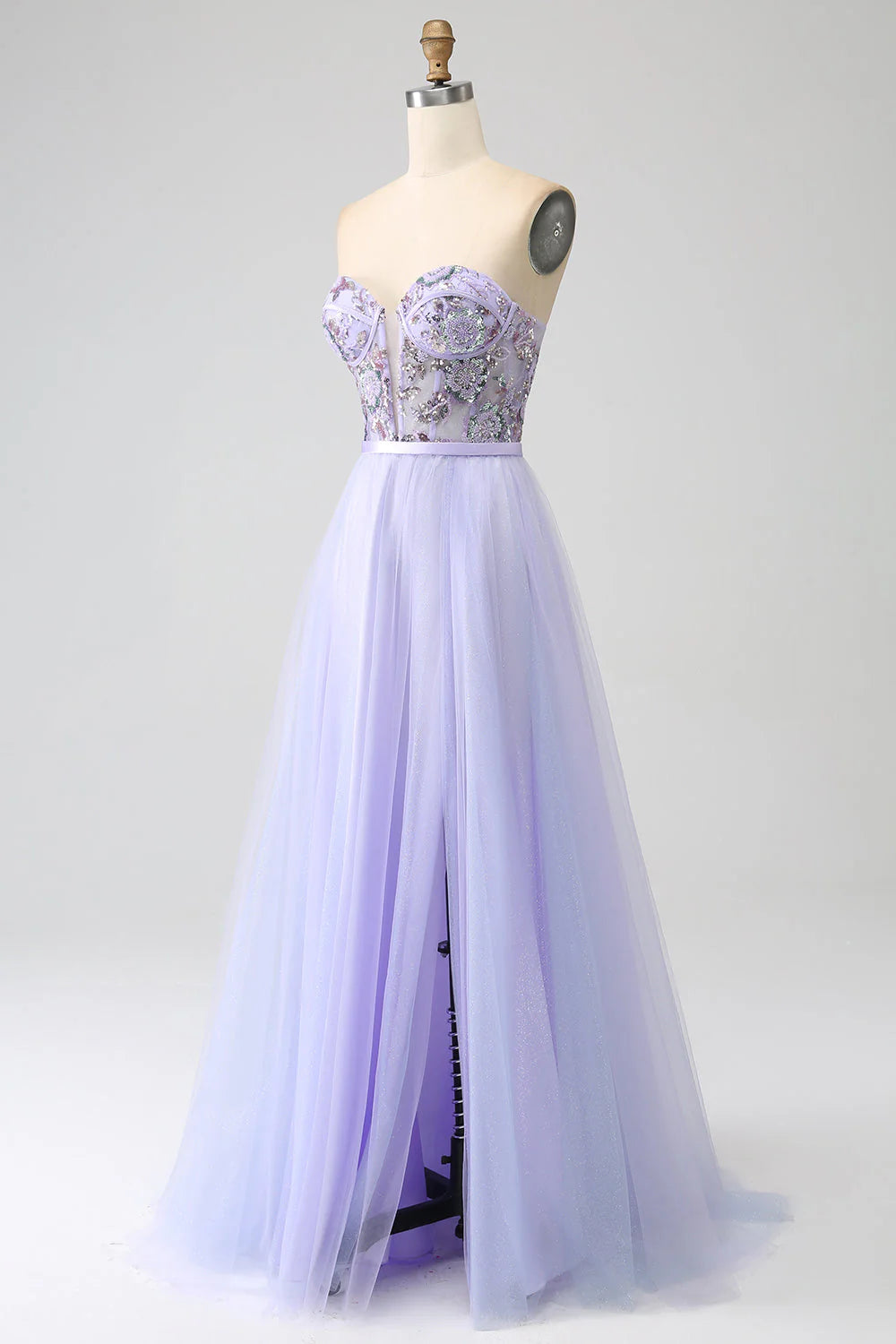 Lilac A Line Tulle Sparkly Sequin Corset Prom Dress with Slit