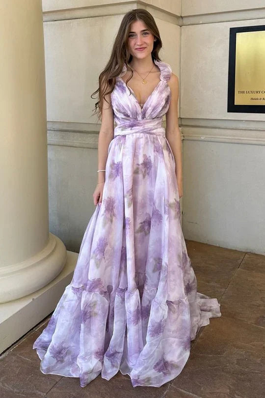 Lilac Floral Chiffon Ruffle Strap Lace Up Back Maxi Prom Dress For Evening