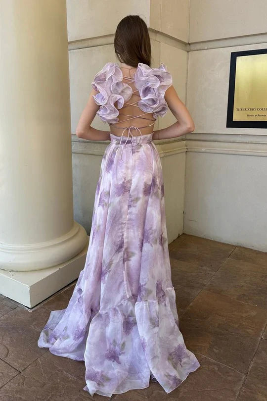 Lilac Floral Chiffon Ruffle Strap Lace Up Back Maxi Prom Dress For Evening