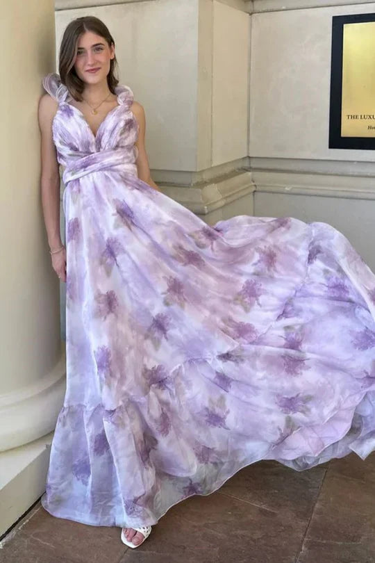 Lilac Floral Chiffon Ruffle Strap Lace Up Back Maxi Prom Dress For Evening