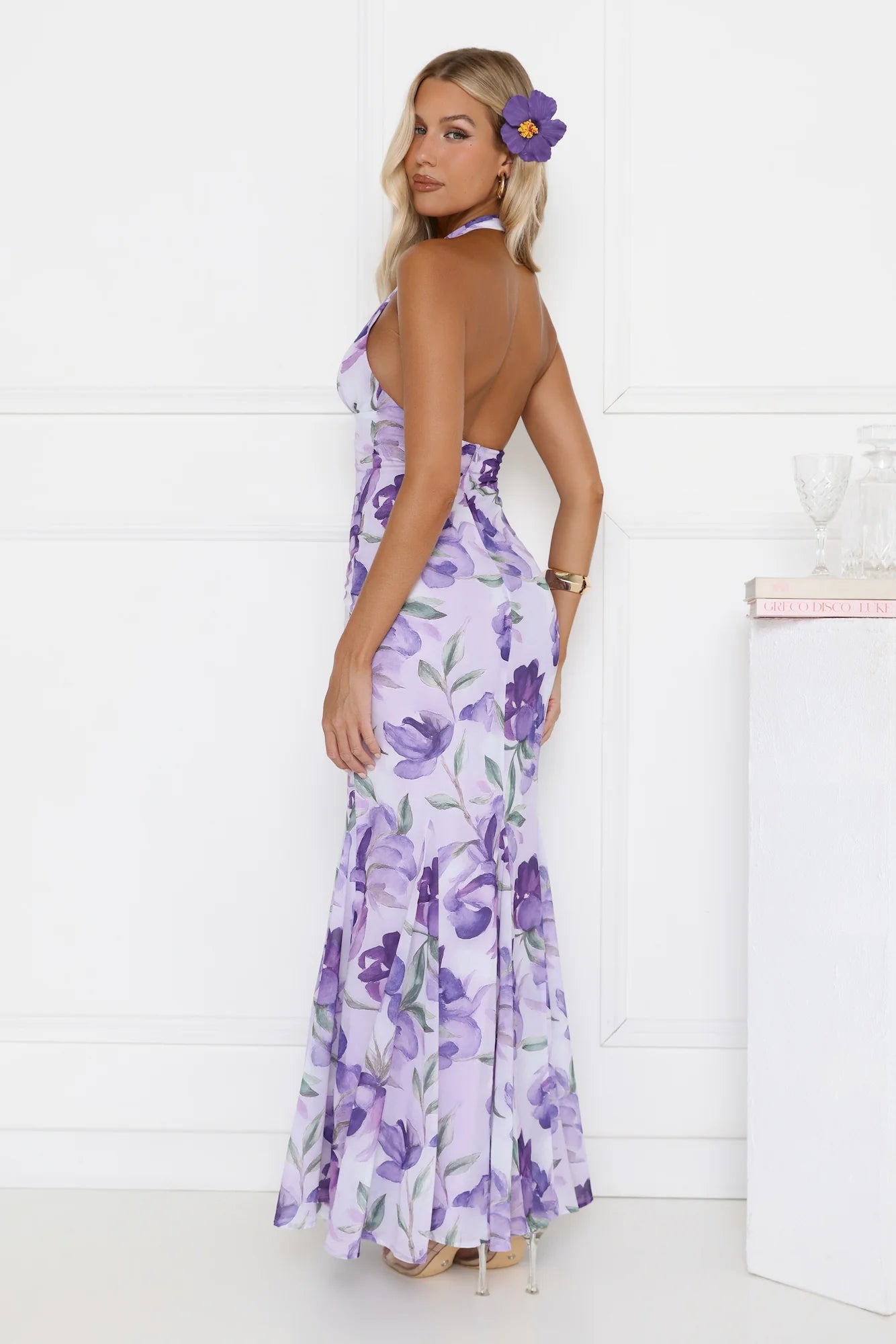 Lilac Floral Halter Mermaid Maxi Evening Dresses