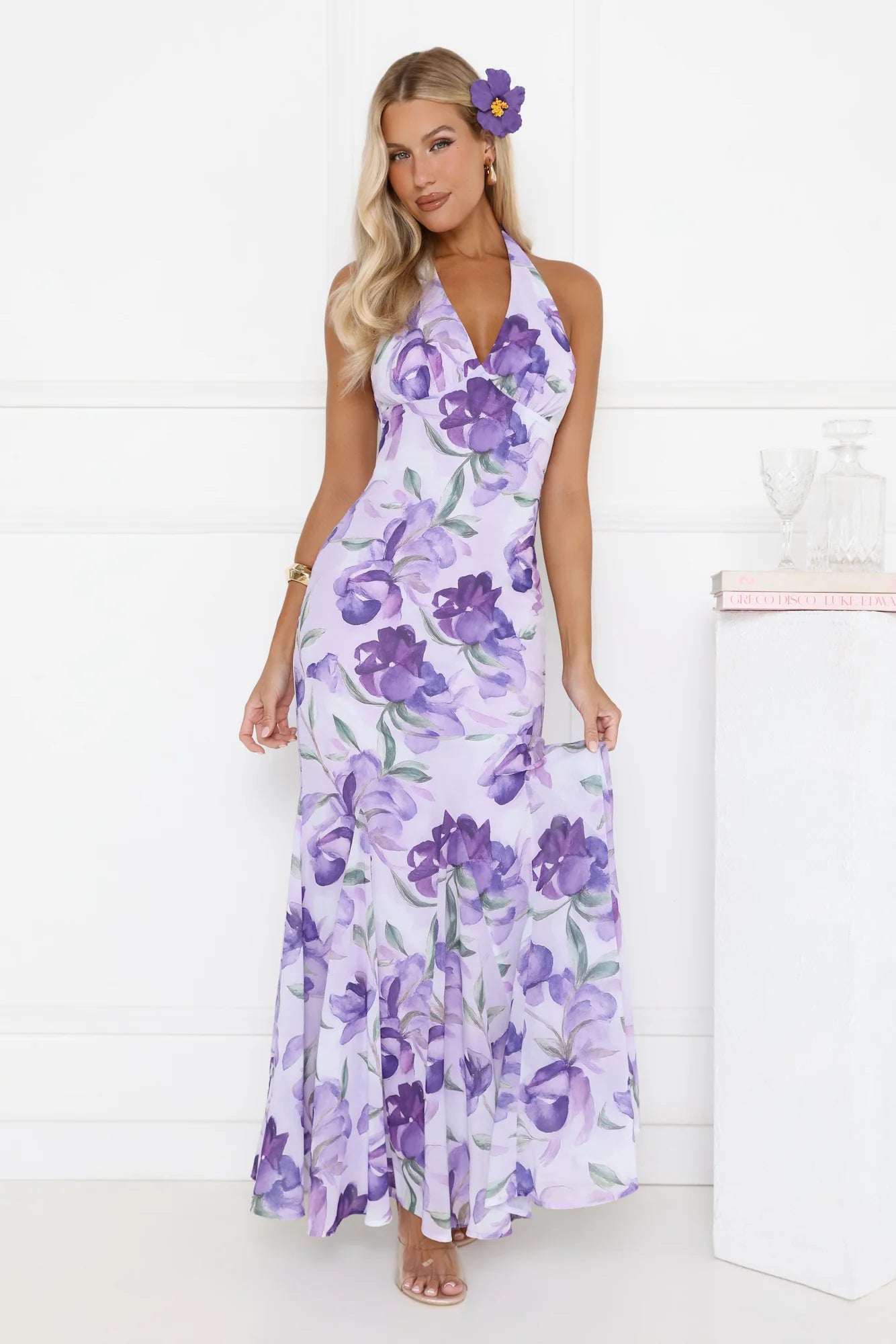Lilac Floral Halter Mermaid Maxi Evening Dresses