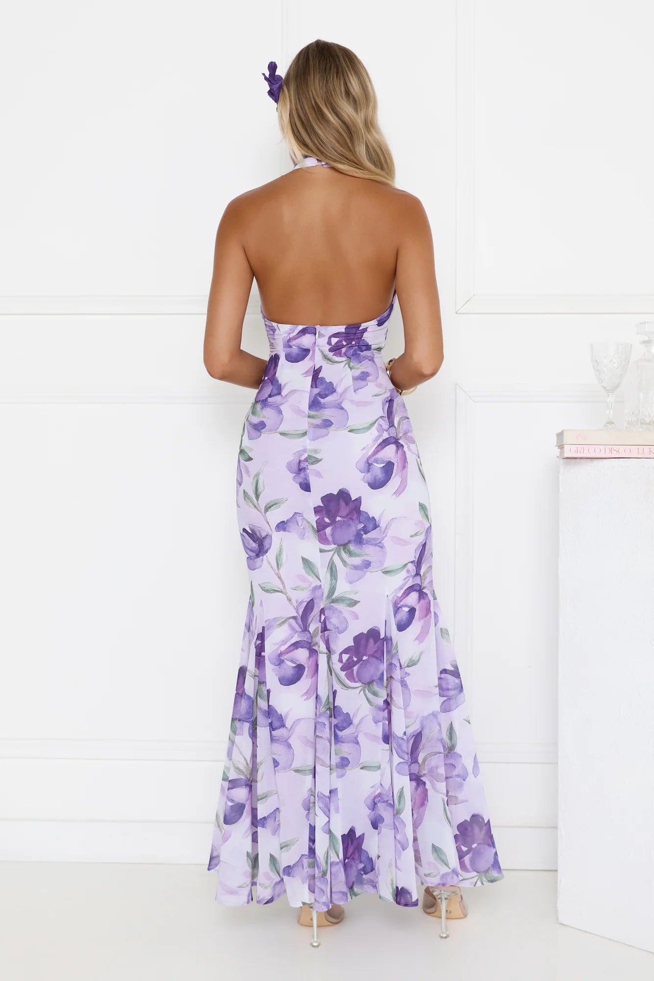 Lilac Floral Halter Mermaid Maxi Evening Dresses
