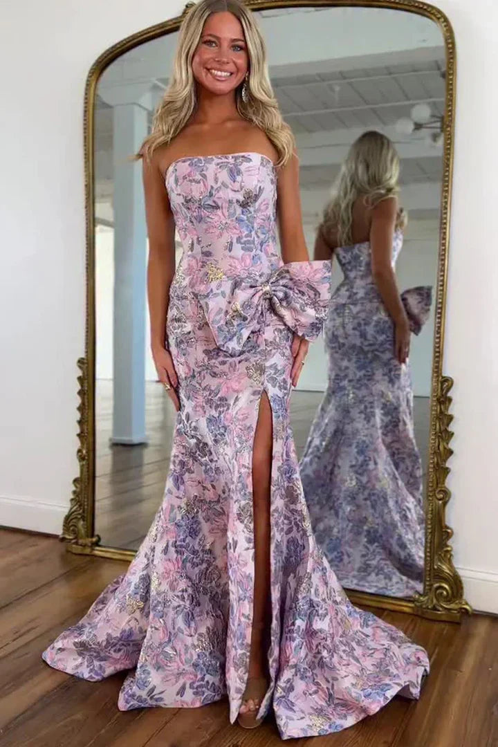 Lilac Floral Jacquard Strapless Bow Mermaid Prom Dress with High Slit