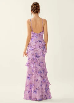 Lilac Floral Ruffle Mermaid Maxi Evening Dresses