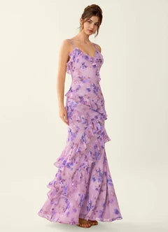 Lilac Floral Ruffle Mermaid Maxi Evening Dresses