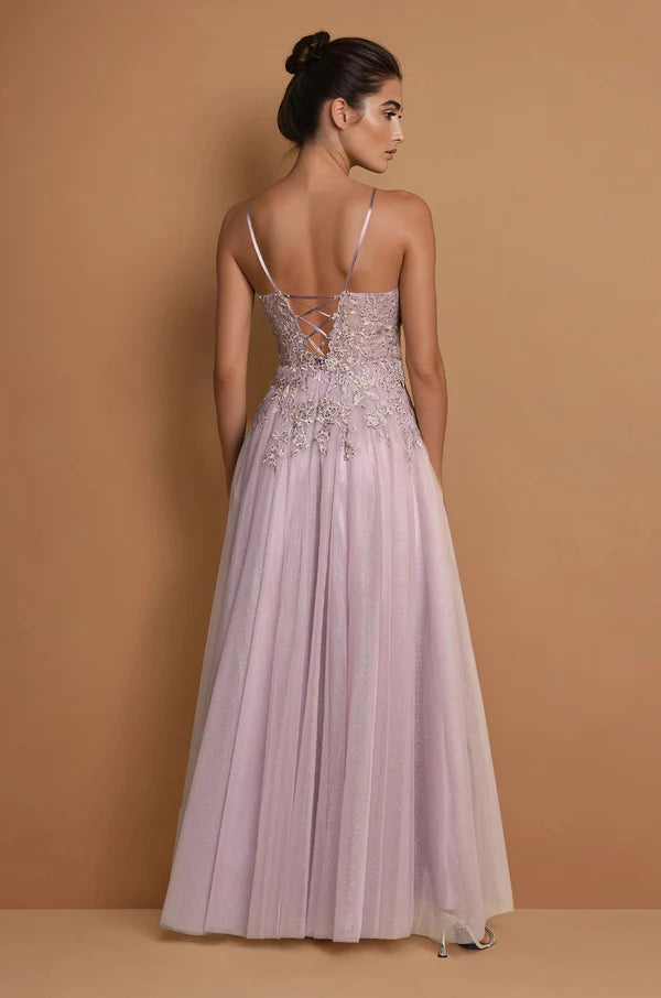 Lilac Glitter Tulle Spaghetti Strap Lace-Up Back Lace Applique Maxi Evening Dresses